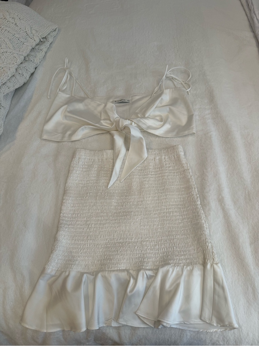 Satin Tie-Front Crop Top & Ruffle Hem Skirt Set - White